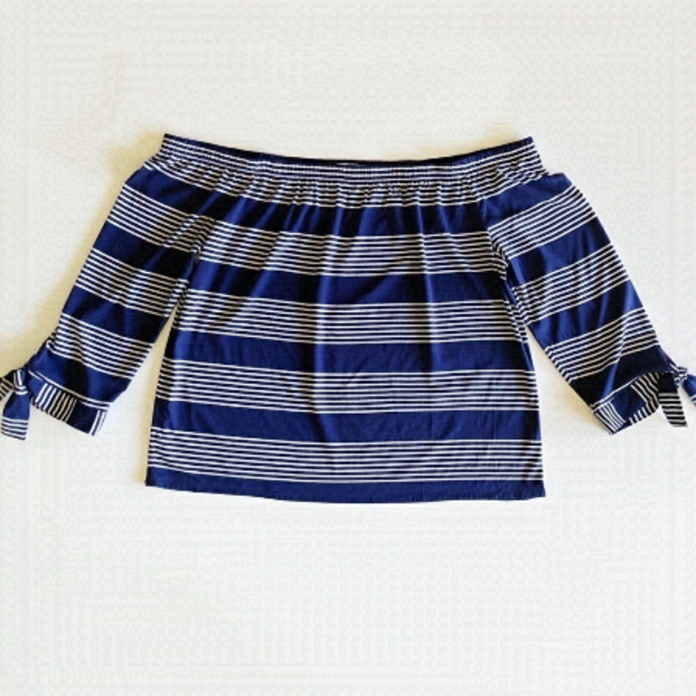 Reitmans Navy Stripe Off Shoulder Tie Sleeve Cropped Top Size XL